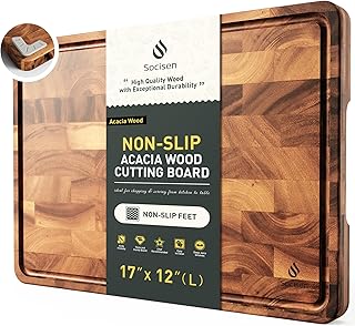 End Grain Cutting Board for Kitchen with Non-slip Feet, Acacia Wood | Heavy Duty Checkered Cutting Board Upgraded Chopping Board with Juice Groove & Handle Wooden Butcher Block with Gift Box