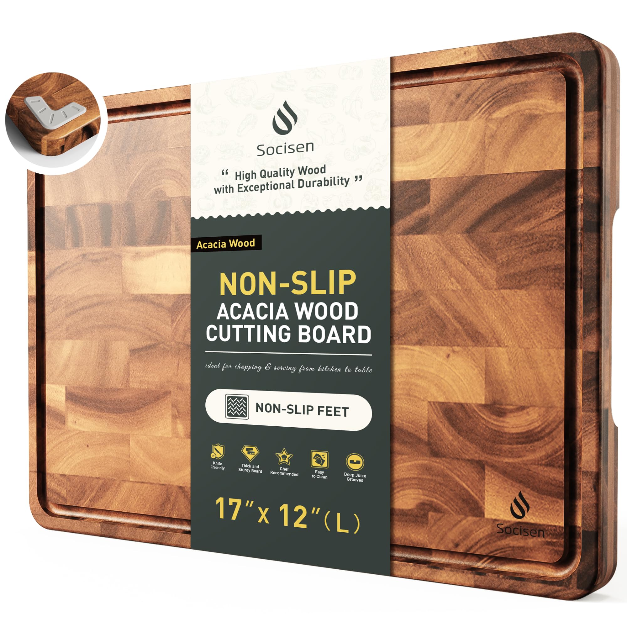 End Grain Cutting Board for Kitchen with Non-slip Feet, Acacia Wood | Heavy Duty