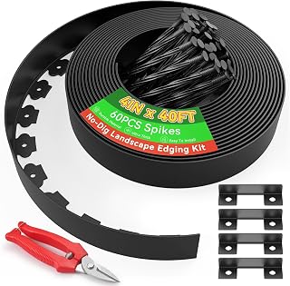 Graxury 4" Tall 40ft No Dig Landscape Edging Border with 60PCS 8" Plastic Spikes & 4 PCS Connectors - Garden Lawn Edging Kit with a Shears for Landscaping, Lawn, Flower Beds and Yard