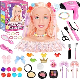 41PCS Deluxe Head Styling Doll Girls Kids Head for Makeup and Hair Salon Doll Toy, Pretend Play Hair Styling Kit With Hairdryer Curling Iron Eye Shadow Powder Hair Clip Set Birthday Gift for 8+ Child