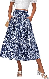 Zeagoo Women's Midi Skirts High Waisted Pleated A-Line Swing Skirts Summer Long Skirts with Pockets