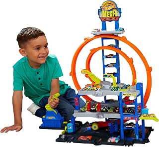 Hot Wheels Mega Loop Garage Track Set with Toy Car and Helicopter | Playset with Die-Cast Vehicle and Chopper, 2 Loops, Storage for 36 1:64 Scale Vehicles, Speed Snap Adapters