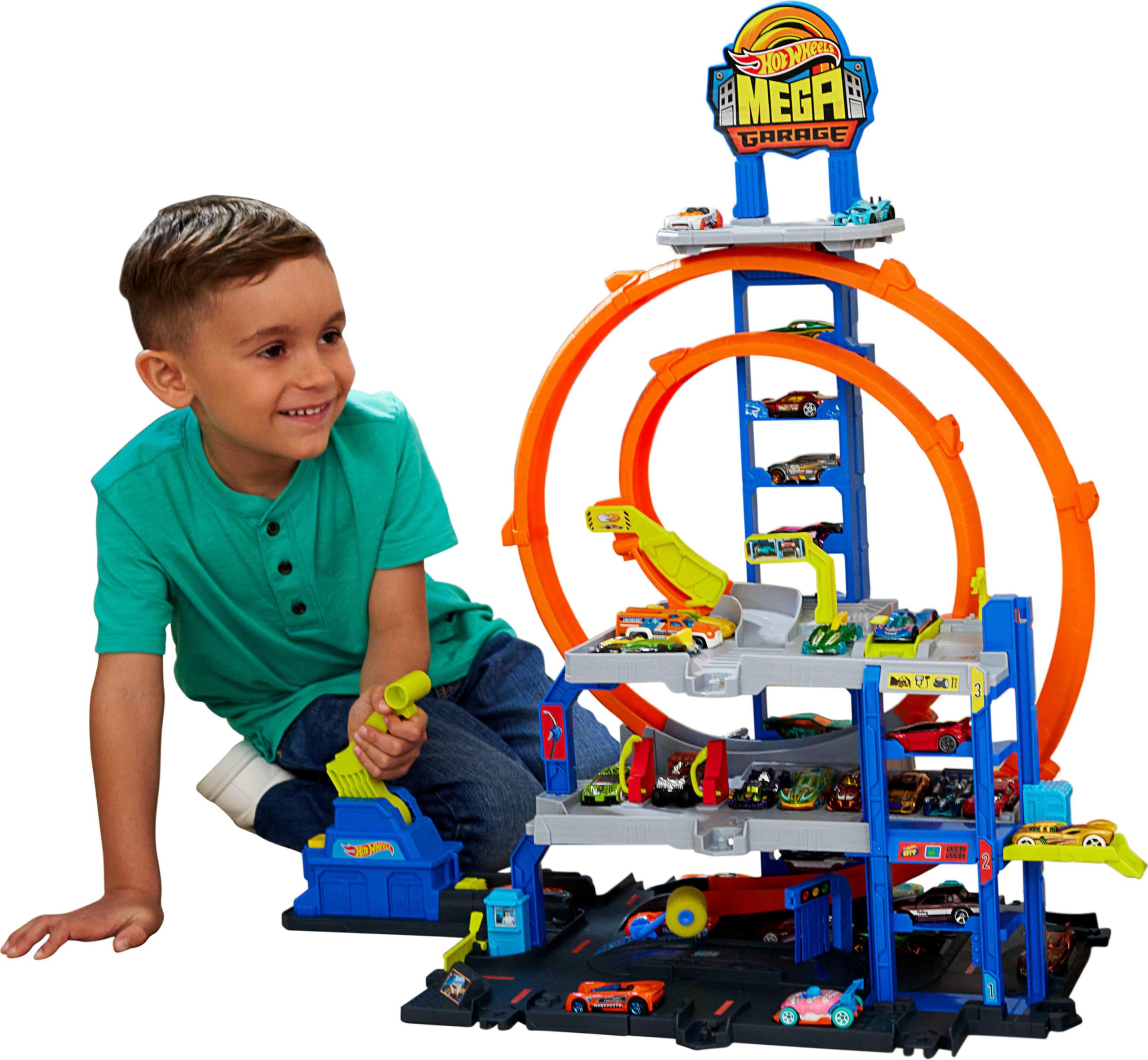 Hot Wheels Mega Loop Garage Track Set with Toy Car and Helicopter | Playset with