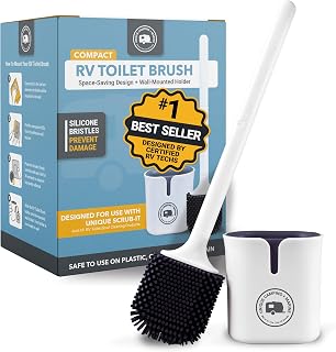 Unique Silicone RV Toilet Brush with Compact Holder | Non-scratch silicone bristles for RV toilet bowl cleaning; wall-mount no-drip holder saves camper bathroom space