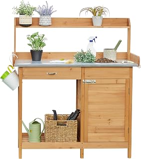 Yaheetech Potting Bench Outdoor Potting Table with Storage,Natural Wood | Outdoor Potting Bench with Spacious Metal Tabletop Keeps Soil and Water Contained while Providing a Durable Work Surface