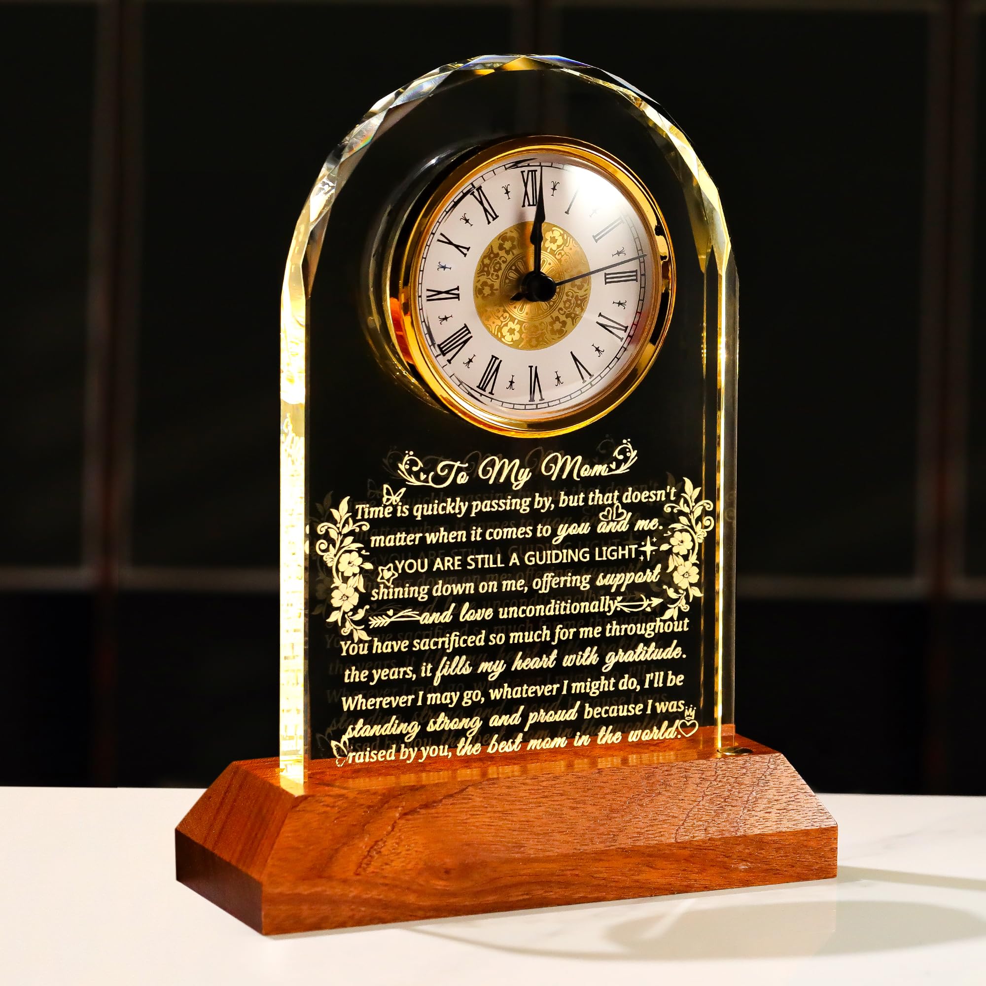 Gifts for Mom From Son, Daughter, Glass Clock with Wooden Warm Light Base