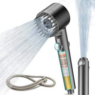 MEKO High Pressure Filter Shower Head for Hard Water UK,1.5m Hose,3+1 Modes | Power handheld Shower Head with One-touch Water Stop,Massage Brush,15 Stage Shower Filter for Residual Chlorine Removal,Grey