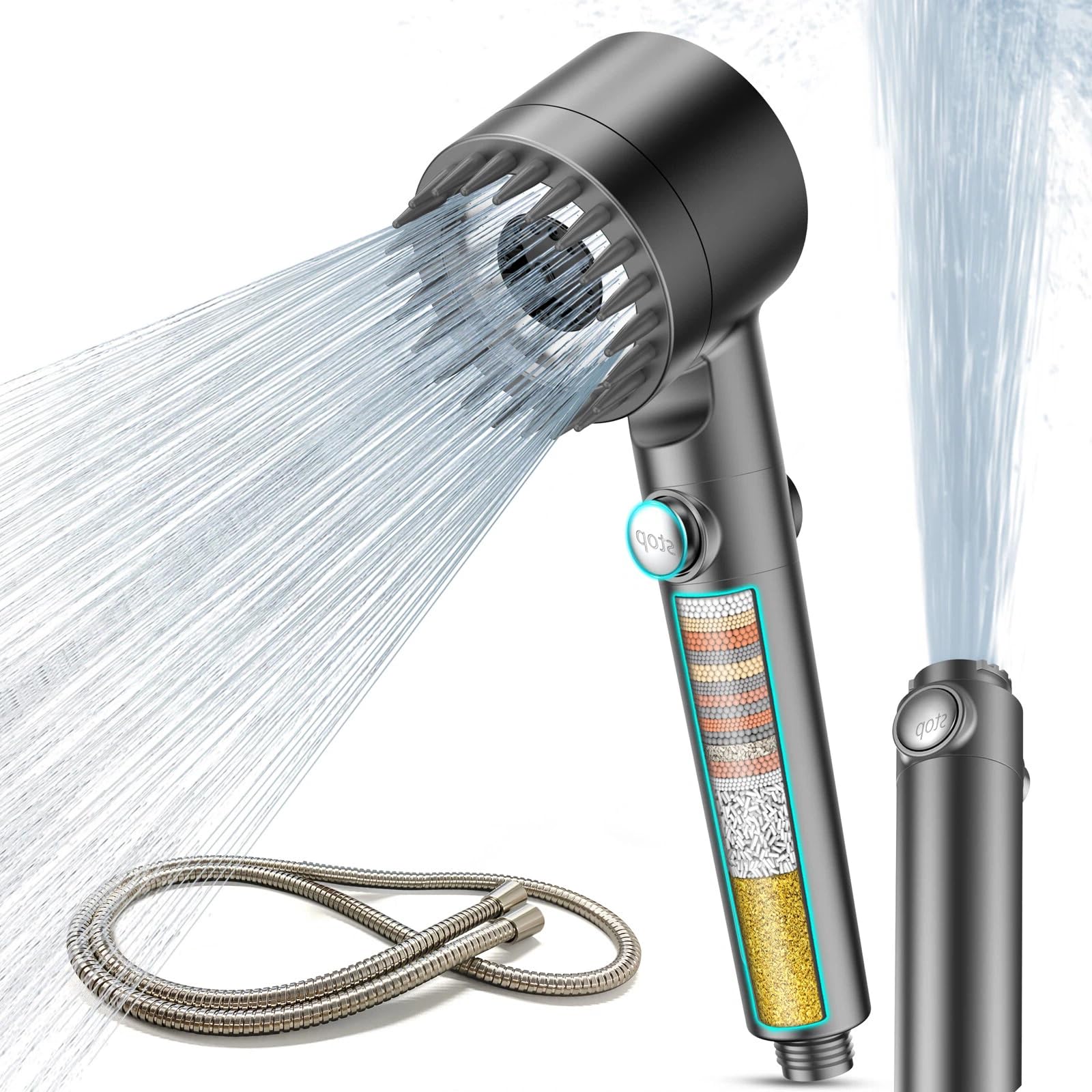 MEKO High Pressure Filter Shower Head for Hard Water UK,1.5m Hose,3+1 Modes | Po