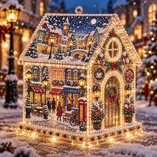 DIY Acrylic Christmas House Pearl Diamond Art Kit with LED Lights，A07 | Pearl Bead Details, Four-Sided Holiday Artwork, DIY Assembly, Tree Hanging Display, Christmas Craft Gift