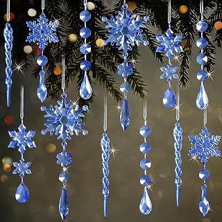 Set of 9 Blue Christmas Snowflake Ornaments, Acrylic Icicle Ornaments with Drop Pendants for Winter Wonderland Decoration