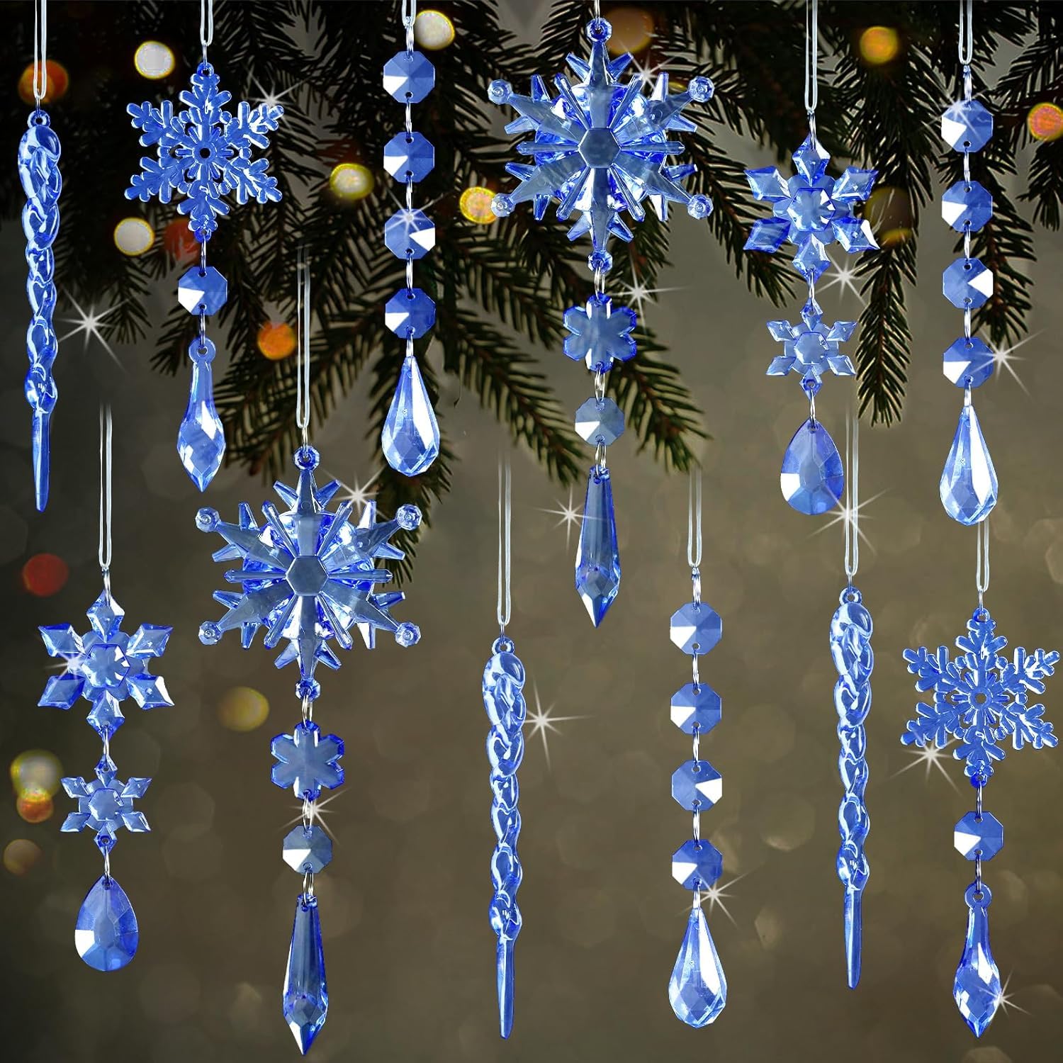 Set of 9 Blue Christmas Snowflake Ornaments, Acrylic Icicle Ornaments with Drop 