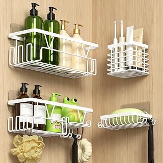 KEGII Adhesive Shower Caddy Set with 2 Shower Shelves + Toothbrush + Soap Holder, 4-Piece Bathroom Organiser, White, Stainless Steel, No Drilling