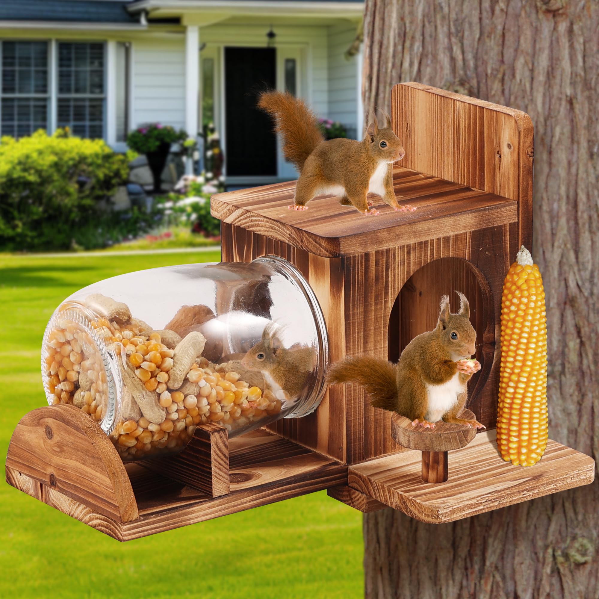 Squirrel Feeder, Wood Squirrel House, Squirrel Feeders for Outside Garden Tree, 
