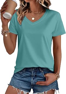 SMENG Womens V Neck Cotton T Shirt Short Sleeve Solid Color Casual Fit Breathable Summer Tops