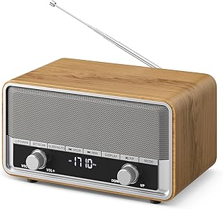 Audiocrazy Vintage Wood AM FM Bluetooth Radio with Clear LCD Display | Digital Radio with Plug In Wall , 40 Presets, Sleep Timer, No Alarm, Retro Bluetooth Speaker For Home Kitchen Office