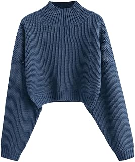 ZAFUL Women's Cropped Turtleneck Sweater Lantern Sleeve Ribbed Knit Pullover Sweater Jumper