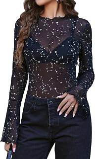 Avidlove Mesh Tops for Women Long Bell Sleeve Blouses Sexy Going Out Shirt Sheer Winter Outfits 2025