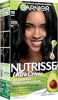 Garnier Nutrisse Ultra Crème Hair Color, 10 Black, 1 Count | Permanent Hair Dye with 100% Gray Coverage, 5-Fruit Oil Nourishing System, Rich, Vibrant Color, Vegan & Cruelty Free