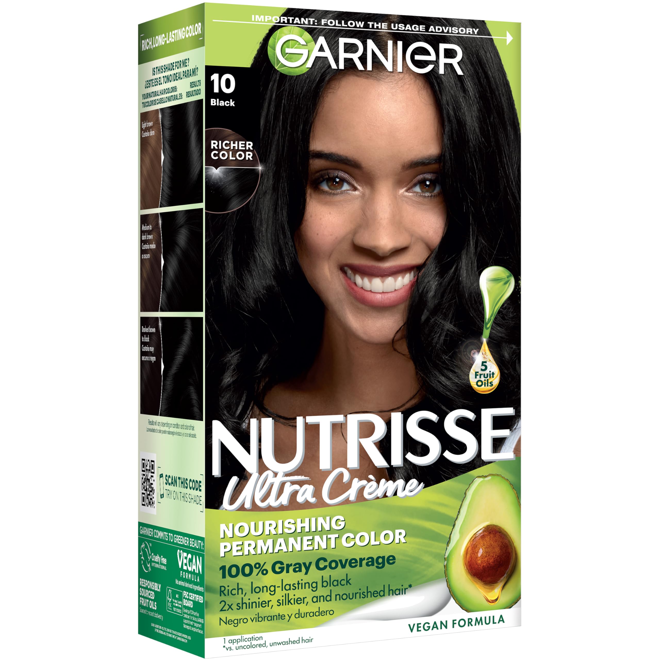Garnier Nutrisse Ultra Crème Hair Color, 10 Black, 1 Count | Permanent Hair Dye 