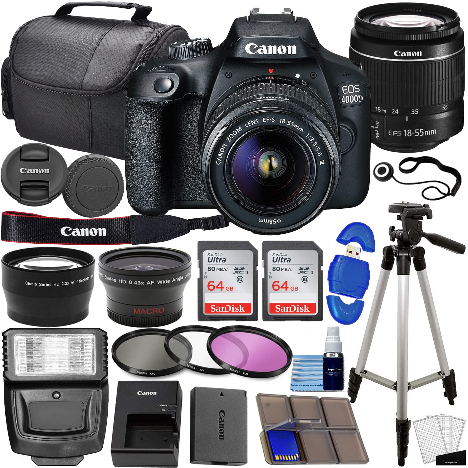 Canon EOS 4000D / Rebel T100 DSLR Camera w/EF-S 18-55mm f/3.5-5.6 Lens 3 Lens Ki