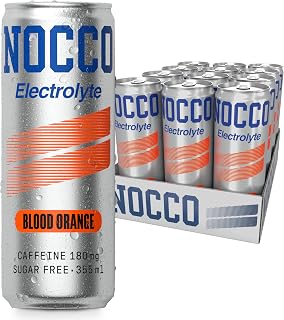 NOCCO Electrolyte Sugar Free Energy Drink – 180mg Caffeine with Magnesium, Potassium & B Vitamins – Supports Muscle Function & Boosts Focus – 12 x 355ml (Blood Orange)