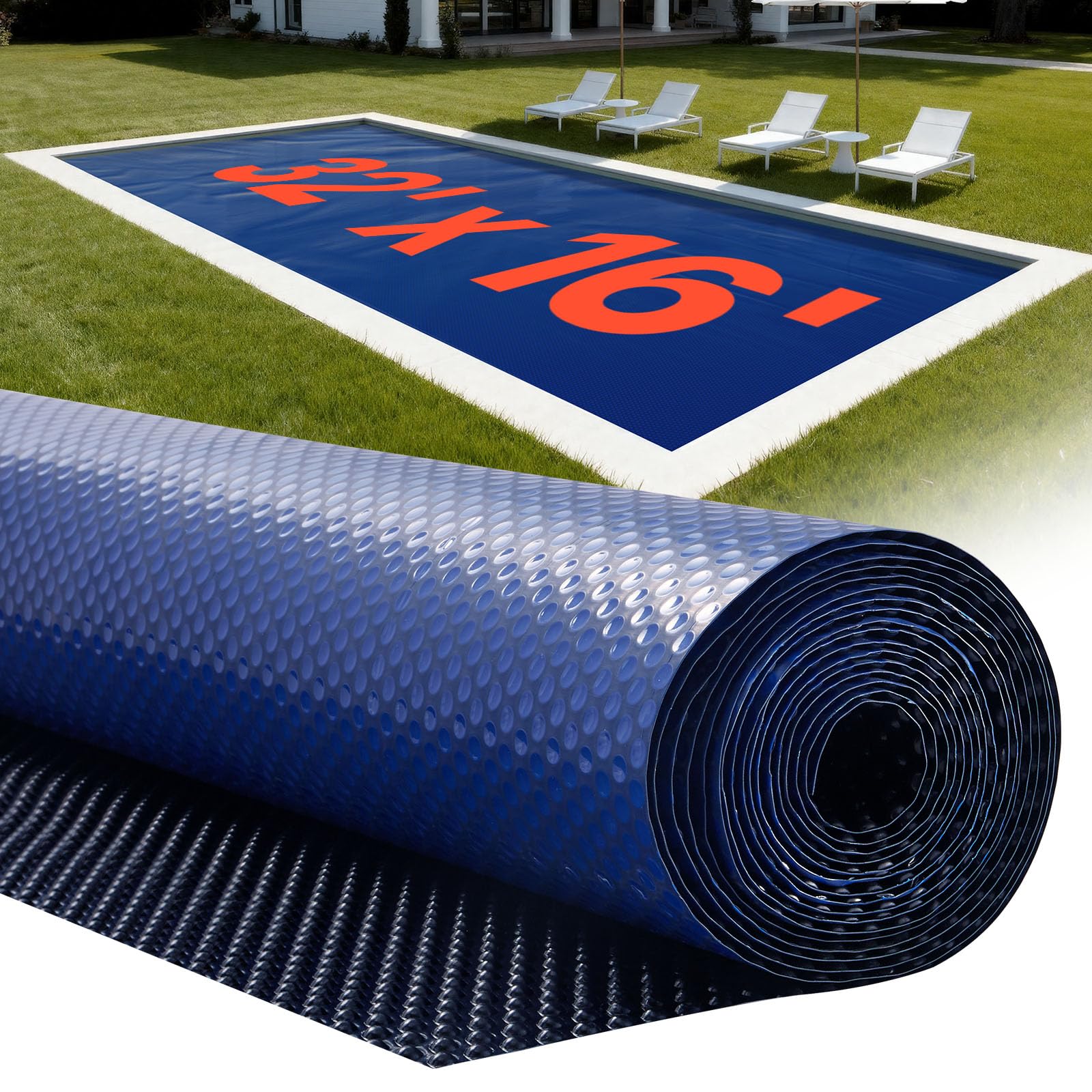 VEVOR Solar Pool Cover 32 x 16 ft 16 Mil Pool Bubble Cover Blue & Black | Solar 