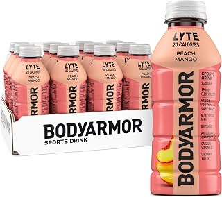 BODYARMOR LYTE Sports Drink, Peach Mango Electrolyte Drink, 16 Oz (12 Pk) | Low-Calorie Hydration Drink with Coconut Water & Only 20 Calories, 990mg Electrolytes, Vitamins B & D + Antioxidants