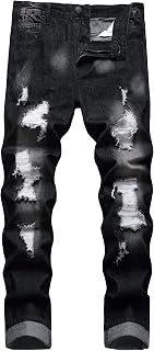 Mens Ripped Slim Fit Straight Leg Denim Trousers with Holes
