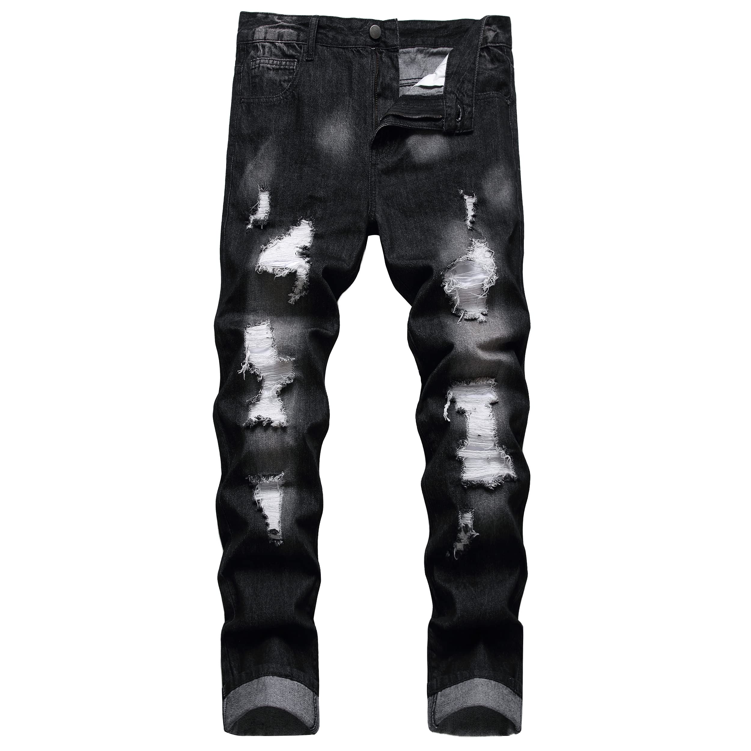 Mens Ripped Slim Fit Straight Leg Denim Trousers with Holes