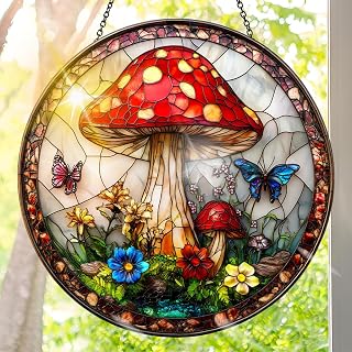 Colorful Acrylic Suncatcher, Mushroom Hanging Window Decor with Printed Stained Glass Style Design Sun Catcher, Rainbow Maker Wall Art, Gift Idea & Garden Ornament Indoor Outdoor Use 7.8 x 7.8 inch