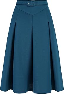 Allegra K Women Office Work Belted Waist Midi A-Line Pleated Skirt