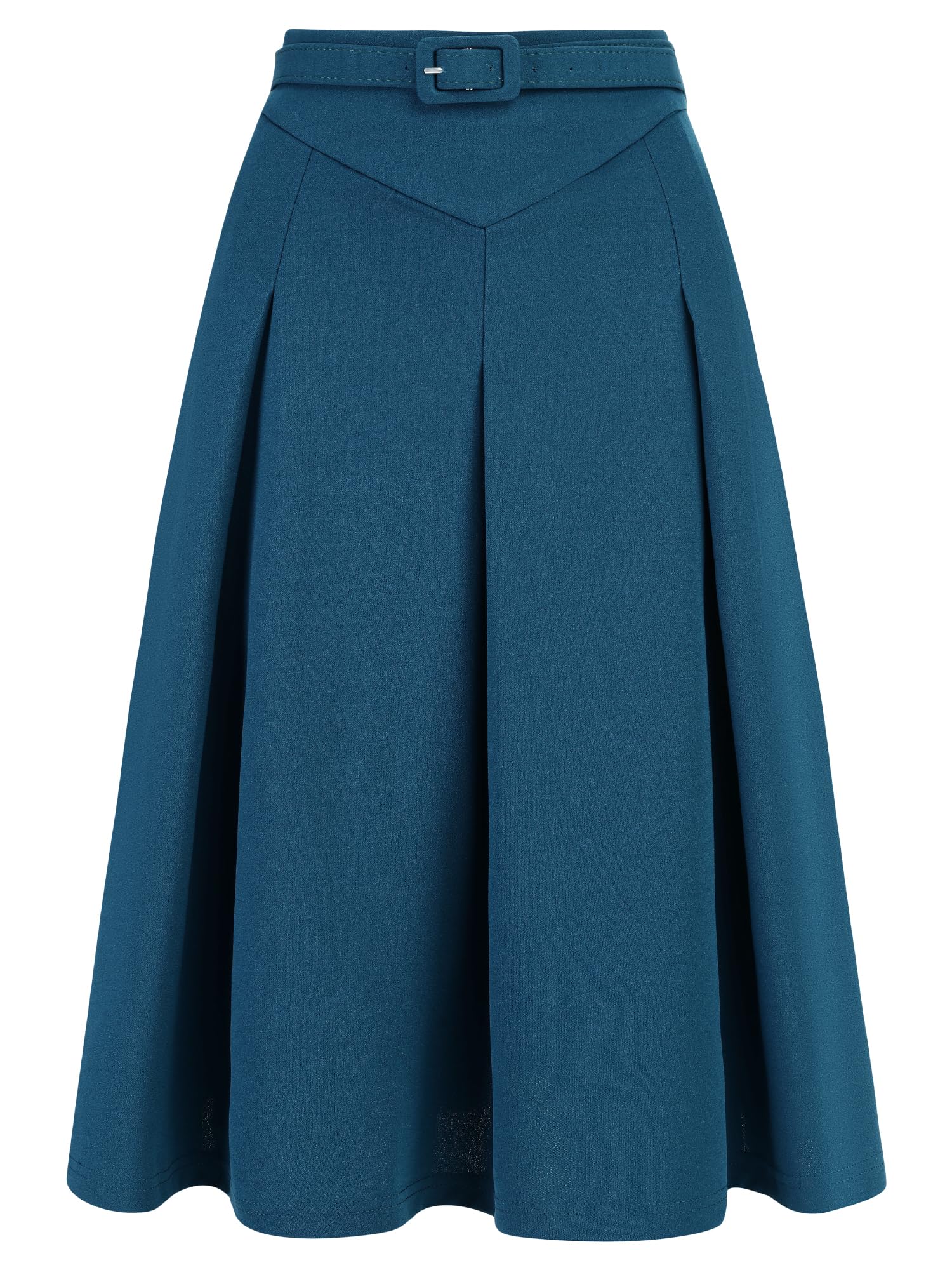 Allegra K Women Office Work Belted Waist Midi A-Line Pleated Skirt