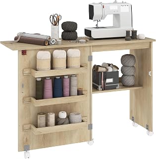 HOMCOM Folding Sewing Table, Rolling Sewing Machine Cabinet Nature Wood | Multipurpose Craft Table, Storage Shelf, Bins, Lockable Wheels, Small Space