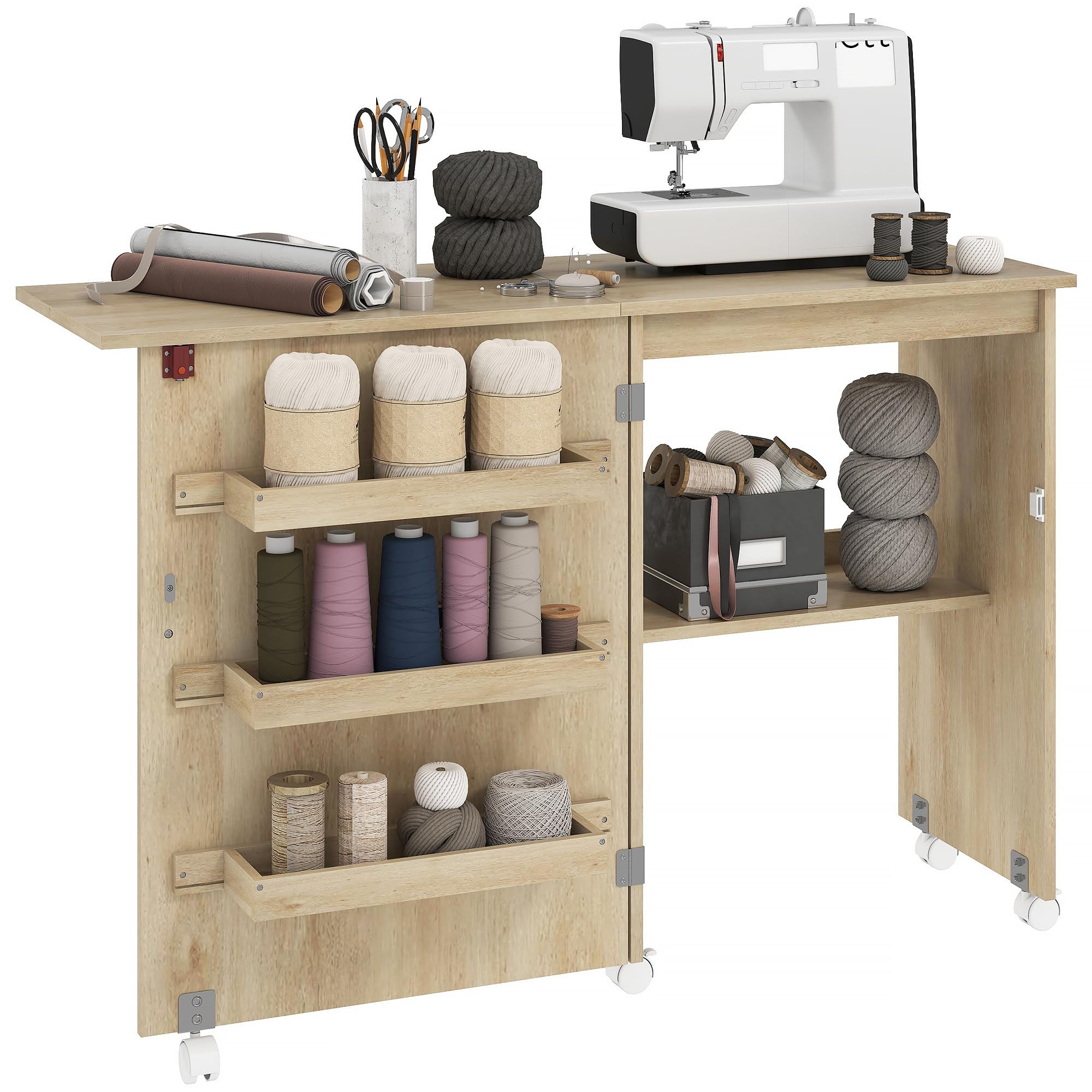 HOMCOM Folding Sewing Table, Rolling Sewing Machine Cabinet Nature Wood | Multip