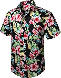 HISDERN Men's Funky Hawaiian Shirts Short Sleeve Front Pocket Holiday Summer Aloha Print Beach Casual Hawaii Shirt S-2XL