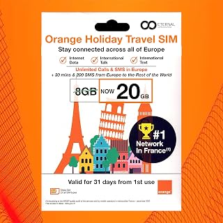 Preloaded Orange Travel Sim Card Now with 20GB of 4G Data, Unlimited Calls & SMS in Europe, 30 mins & 200 SMS from Europe to Worldwide (Lasts for 31 Days). Tethering Allowed