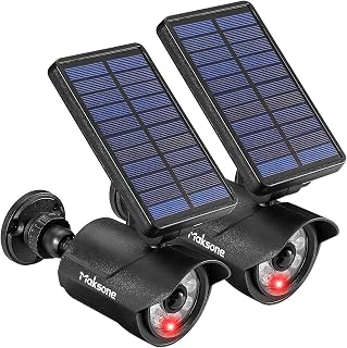 Maksone Solar Lights Motion Sensor Security Light METAL Finishing, Fake Camera Red Indicator Dummy Camera IP66 Waterproof Lamp Outdoor Landscape&Wall mount Highly Bright 2400mAh for garden yard 2 Pack
