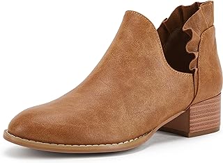 FISACE Women's Almond Toe Low Heel Western Ankle Boots Faux Leather Side Zipper Winter Shoes