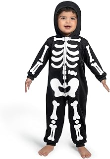 Spooktacular Creations Unisex Skeleton jumpsuit jumpsuit for Babies, Plush Zip-Up Black Hooded Jumpsuit Skeleton Halloween Cosplay Costume Sleepwear