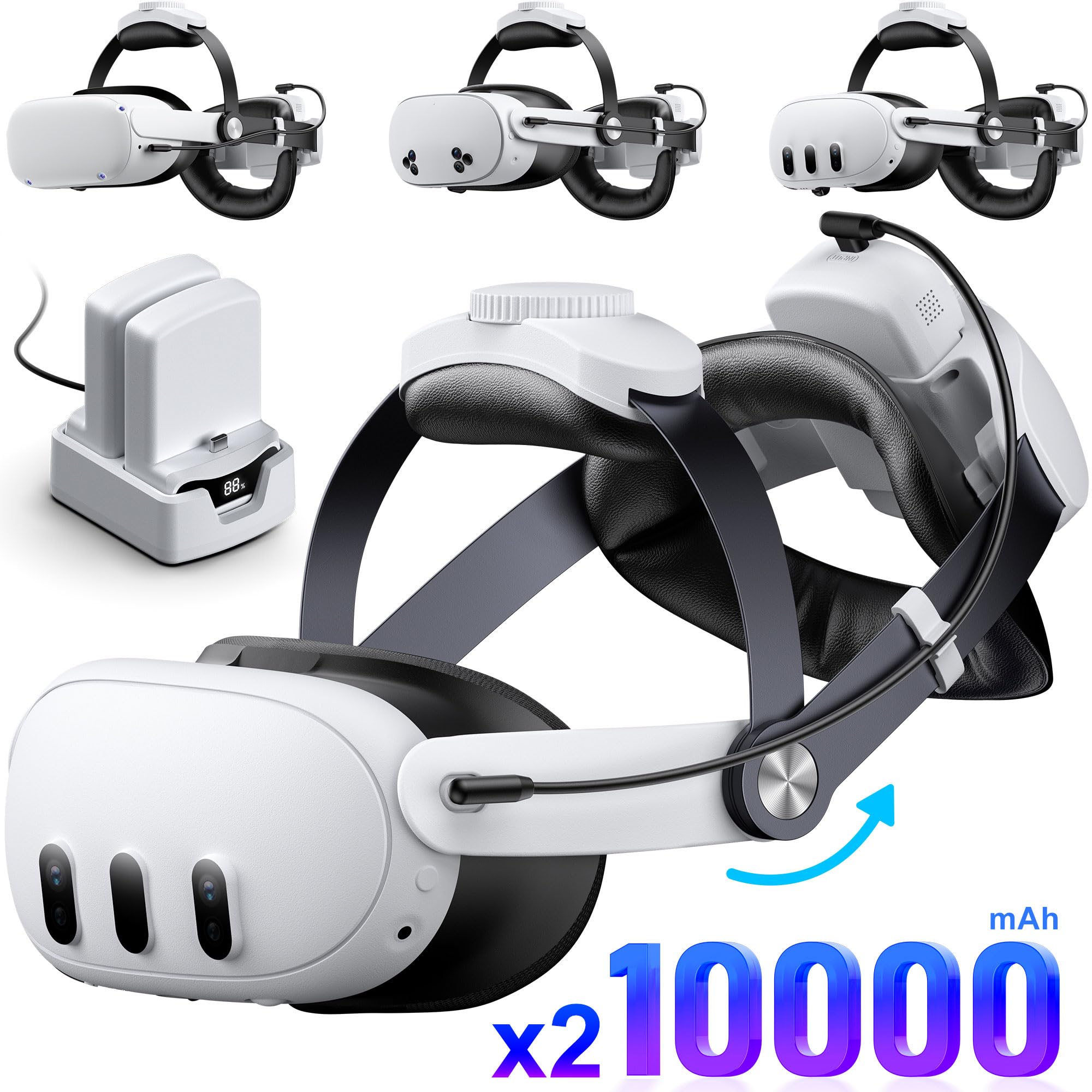 Kawaye for Meta Quest 3S/3/2 Head Strap with 20000mAh (10000 x 2) Hot-Swap Batte