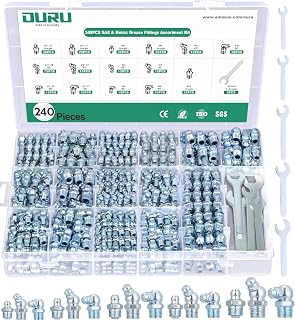 OURU 240PCS Grease Fittings Assortment Kit, SAE & Metric with Wrench Kit | Secure Seal, for Automotive, Agricultural, Heavy Industrial, Straight/45°/90°, 1/4" 1/8" M6 M8 M10 Grease Zerk Fittings