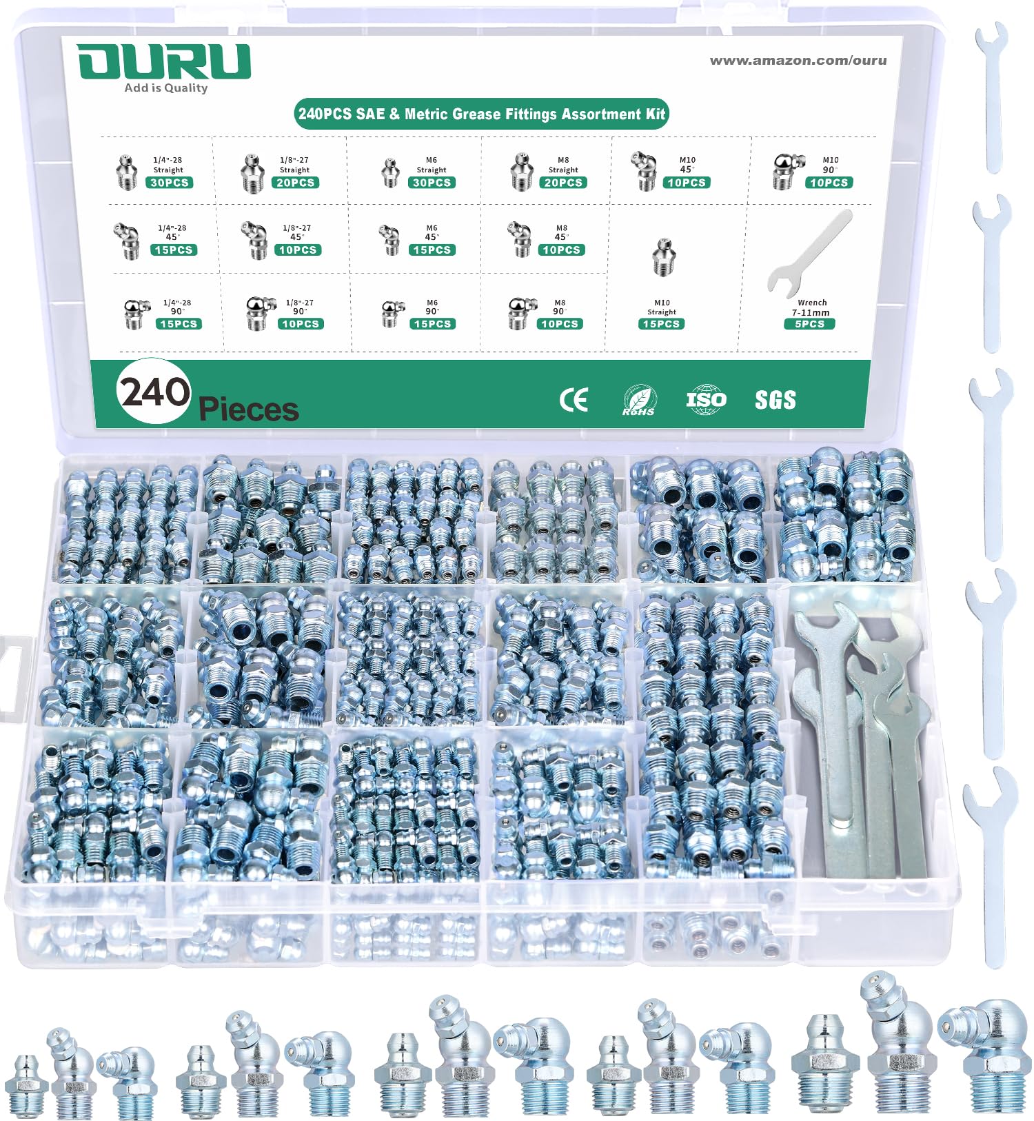 OURU 240PCS Grease Fittings Assortment Kit, SAE & Metric with Wrench Kit | Secur