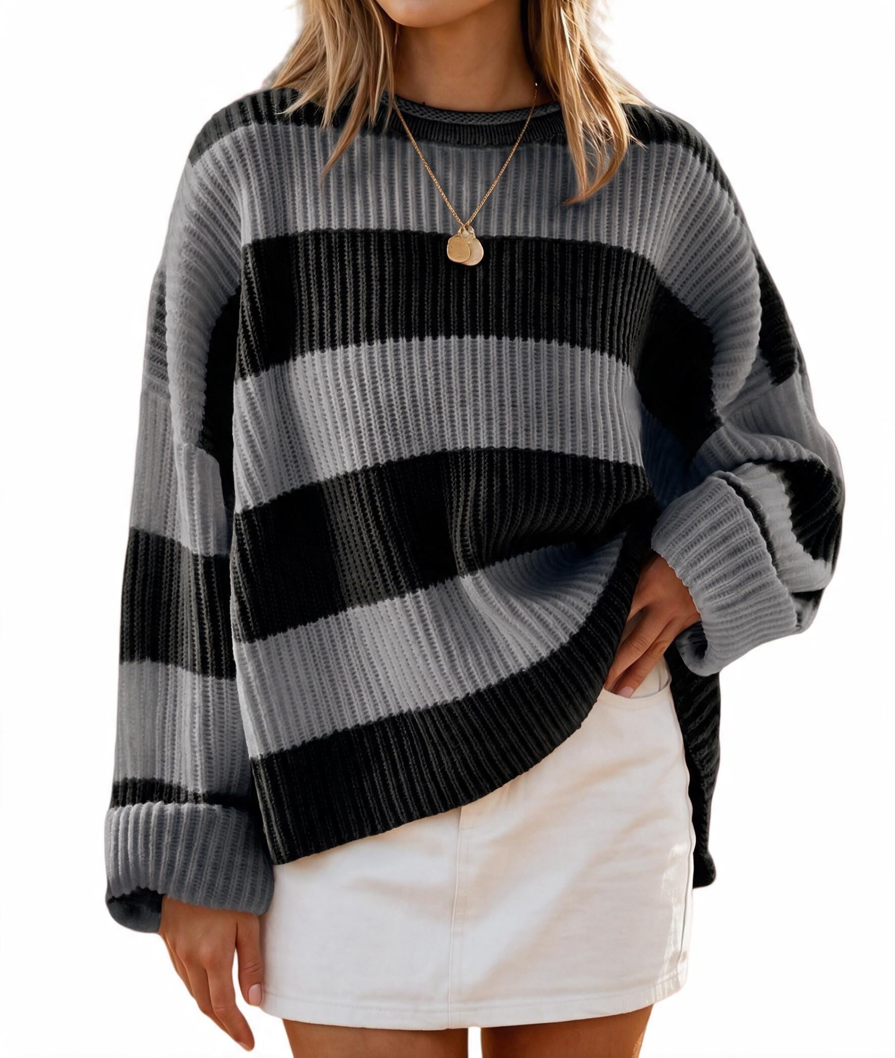 Simier Fariry Womens Fall Cute Long Sleeve Oversized Striped Sweater