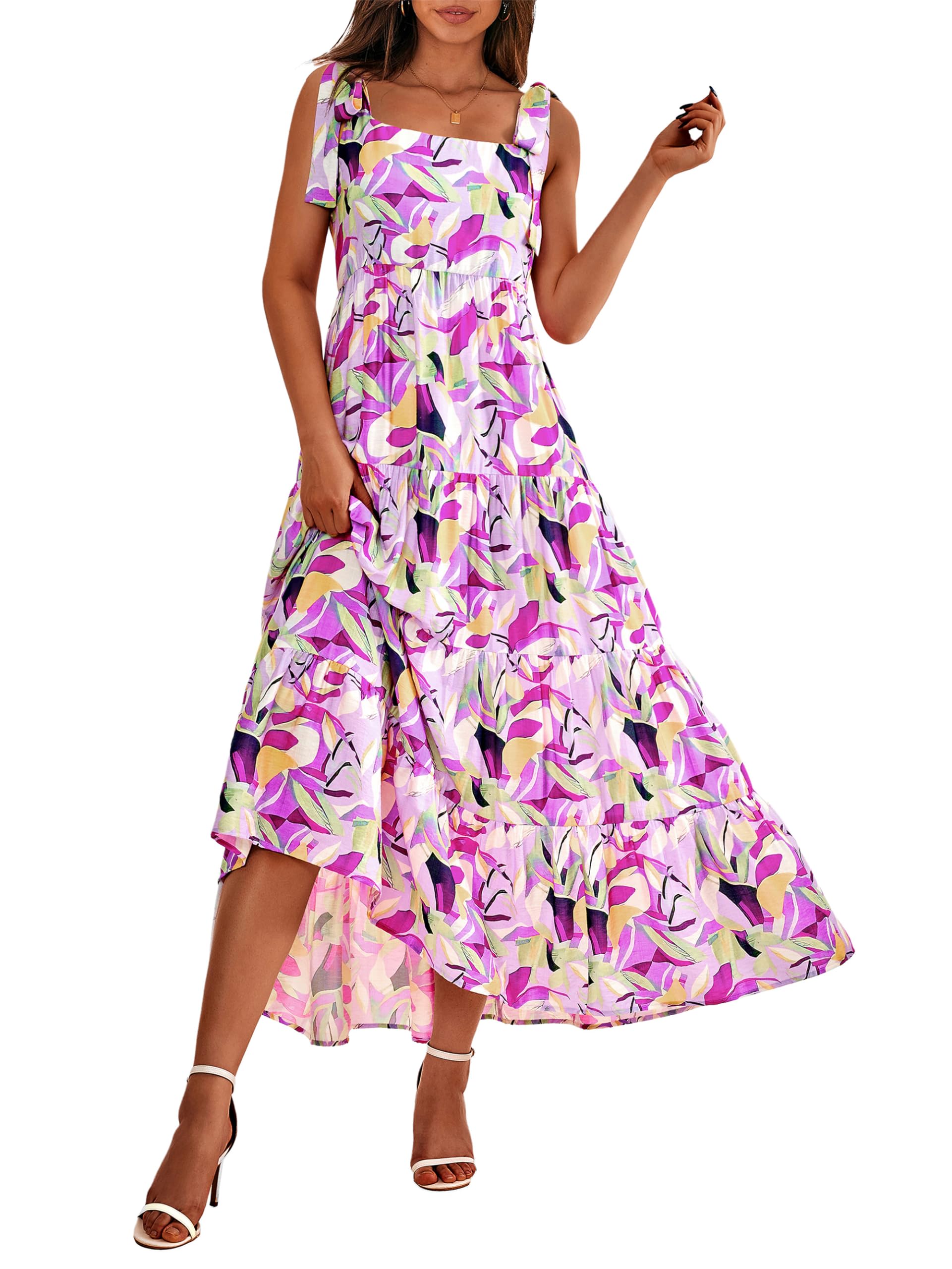 Prettygarden, Women's Sleeveless Summer Spaghetti Strap Tiered Floral Maxi Dress