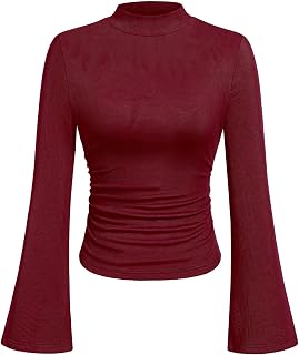 PRETTYGARDEN Camicie a maniche lunghe da donna 2026 autunno a coste per uscire top casual dolcevita maniche a campana crop increspato vestiti Y2K