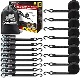 XSTRAP STANDARD 8-PK Ratchet Tie Down Straps, 1" x 10FT Cargo Straps, Black | 900 Lbs Break Strength Securing Straps with S-Hook for UTV, ATV, Pickup,Truck, Moving Appliances, Lawn Equipment