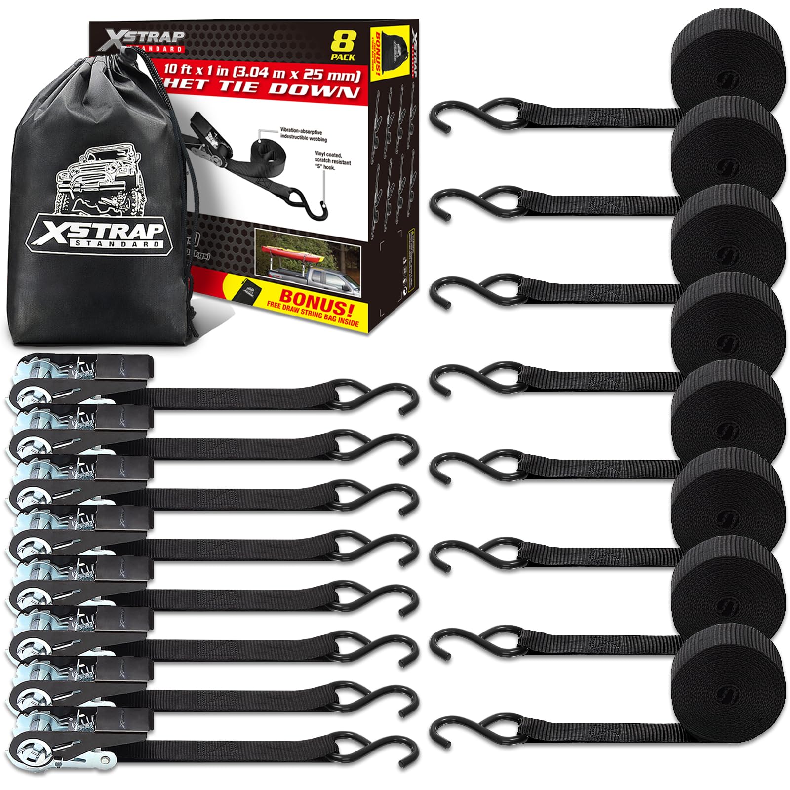 XSTRAP STANDARD 8-PK Ratchet Tie Down Straps, 1" x 10FT Cargo Straps, Black | 90