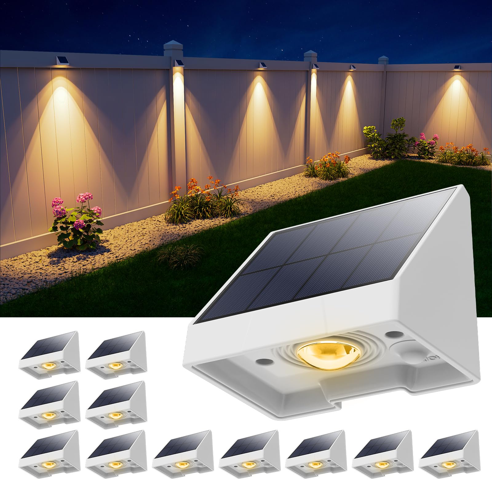 12 Pack Solar Powered Fence Light Outdoor Waterproof Warm White LED