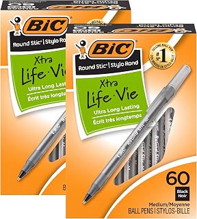 BIC Round Stic Xtra Life Ballpoint Pens, Medium Point (1.0mm), Black, 60-Count Pack, Flexible Round Barrel For Writing Comfort (GSM609-BLK) 60 Count (Pack of 2)