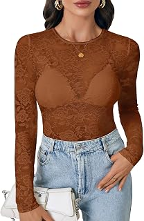LYANER Women's Sexy Mesh Top Floral Long Sleeve See Through Shirt Lace Sheer Blouses